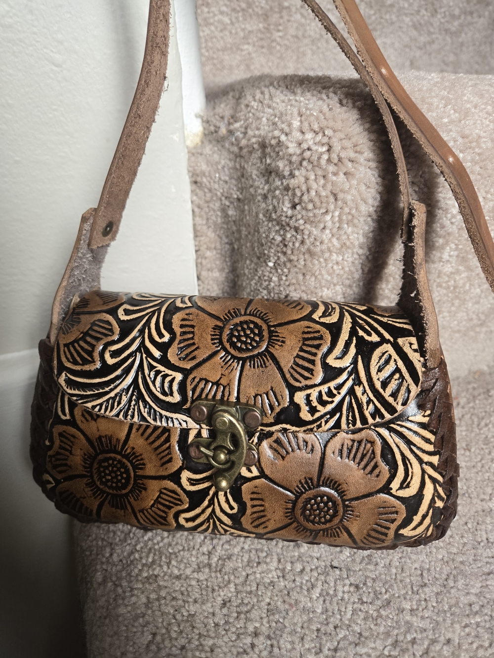 Hand-Tooled Floral Leather Crossbody Bag in Tan